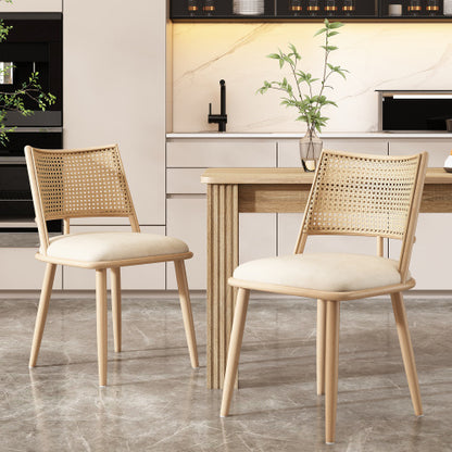 Set of 2 Retro Bamboo Kitchen Chairs with PU Seat & Rattan Backrest – Beige