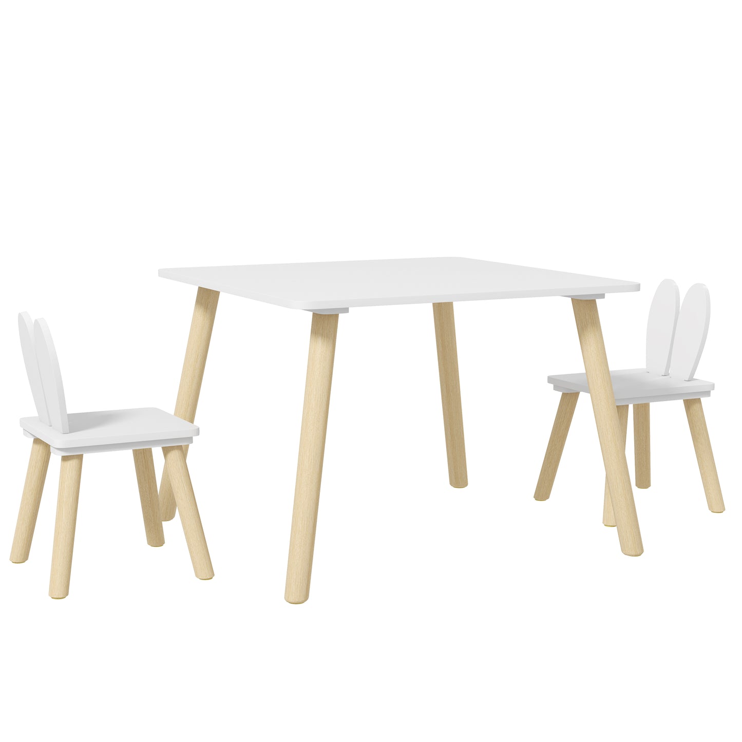 HOMCOM 3-piece toddler table and chair set with bunny ear backrests, suitable for nursery and playroom use.