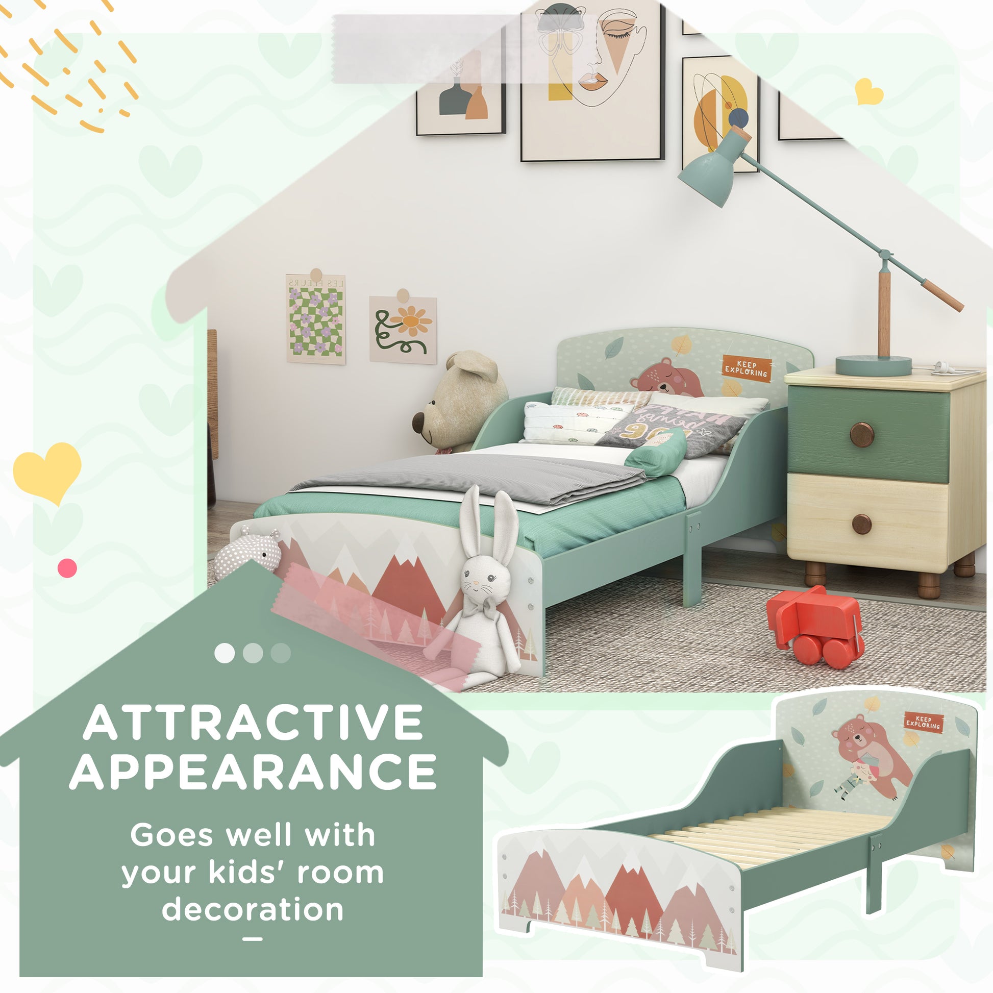 Green HOMCOM ZONEKIZ toddler bed frame with safety rails, designed for children aged 3-6 years, in a kids' bedroom setting.
