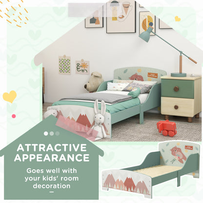Green HOMCOM ZONEKIZ toddler bed frame with safety rails, designed for children aged 3-6 years, in a kids' bedroom setting.