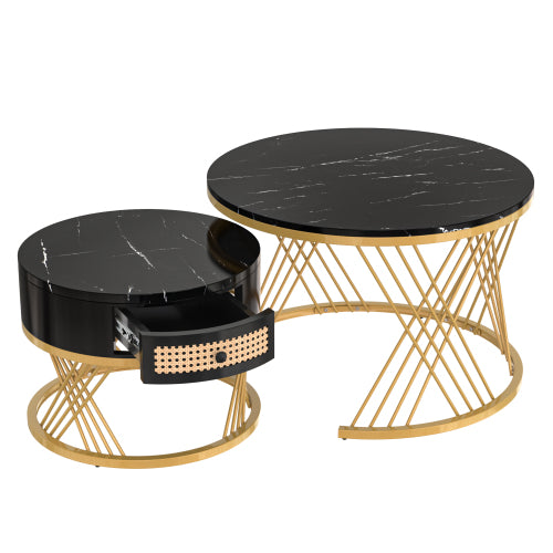 HOMCOM 2-in-1 round coffee table with marble effect top and rattan drawer, modern living room furniture with sleek design.