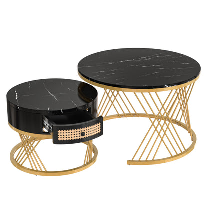 HOMCOM 2-in-1 round coffee table with marble effect top and rattan drawer, modern living room furniture with sleek design.