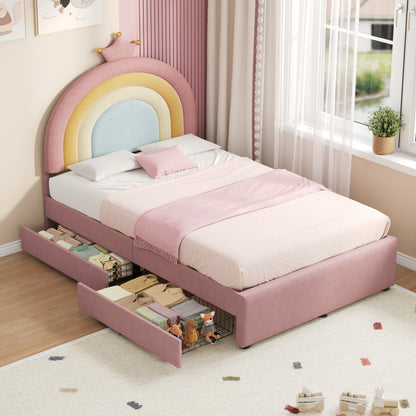 HOMCOM 3ft single upholstered velvet bed with adjustable rainbow crown headboard and flexible storage drawers, no box spring needed.