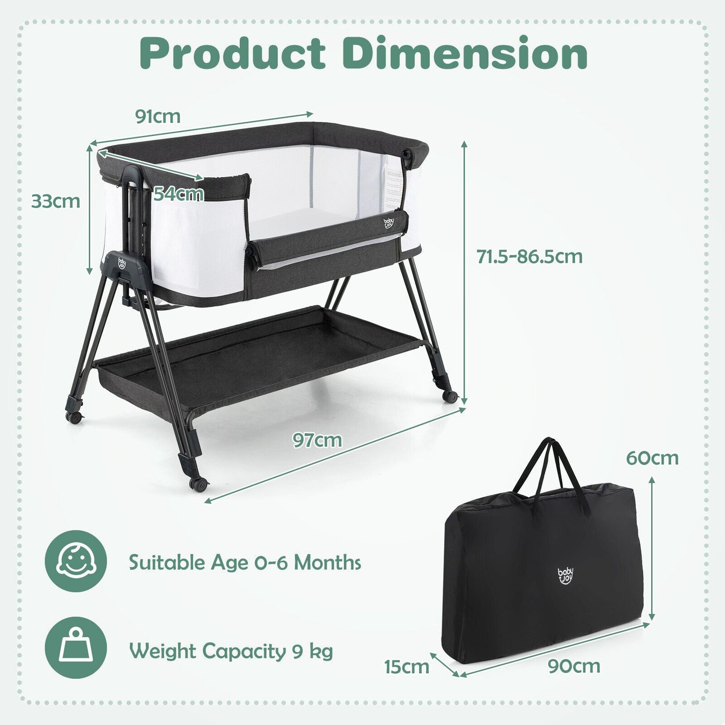 Livoshop baby bedside crib with mattress, designed for newborns up to 9kg, featuring a cozy, secure sleeping space for infants.