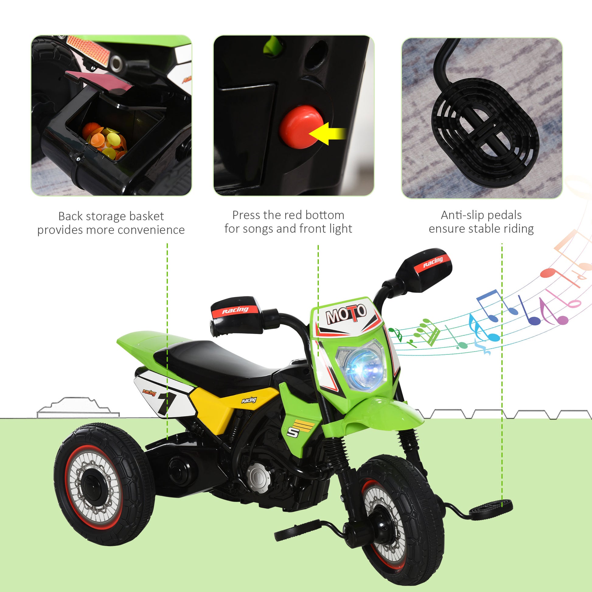 Green HOMCOM kids trike with music lights handlebar stickers, pedal motorcycle for toddlers ages 18-36 months, suitable for boys and girls.