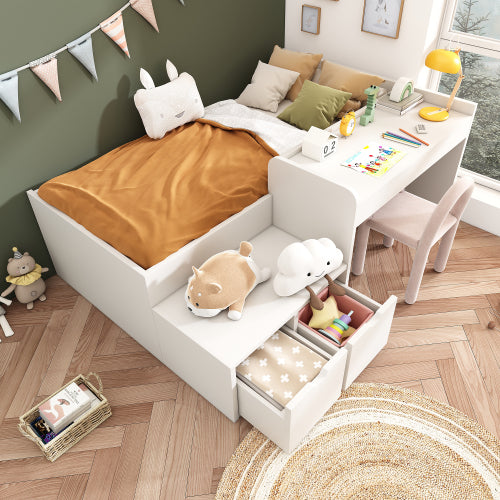 White kids single bed with desk and drawers, 90x190 cm, wooden frame, slatted surface, suitable for teenagers and adults.