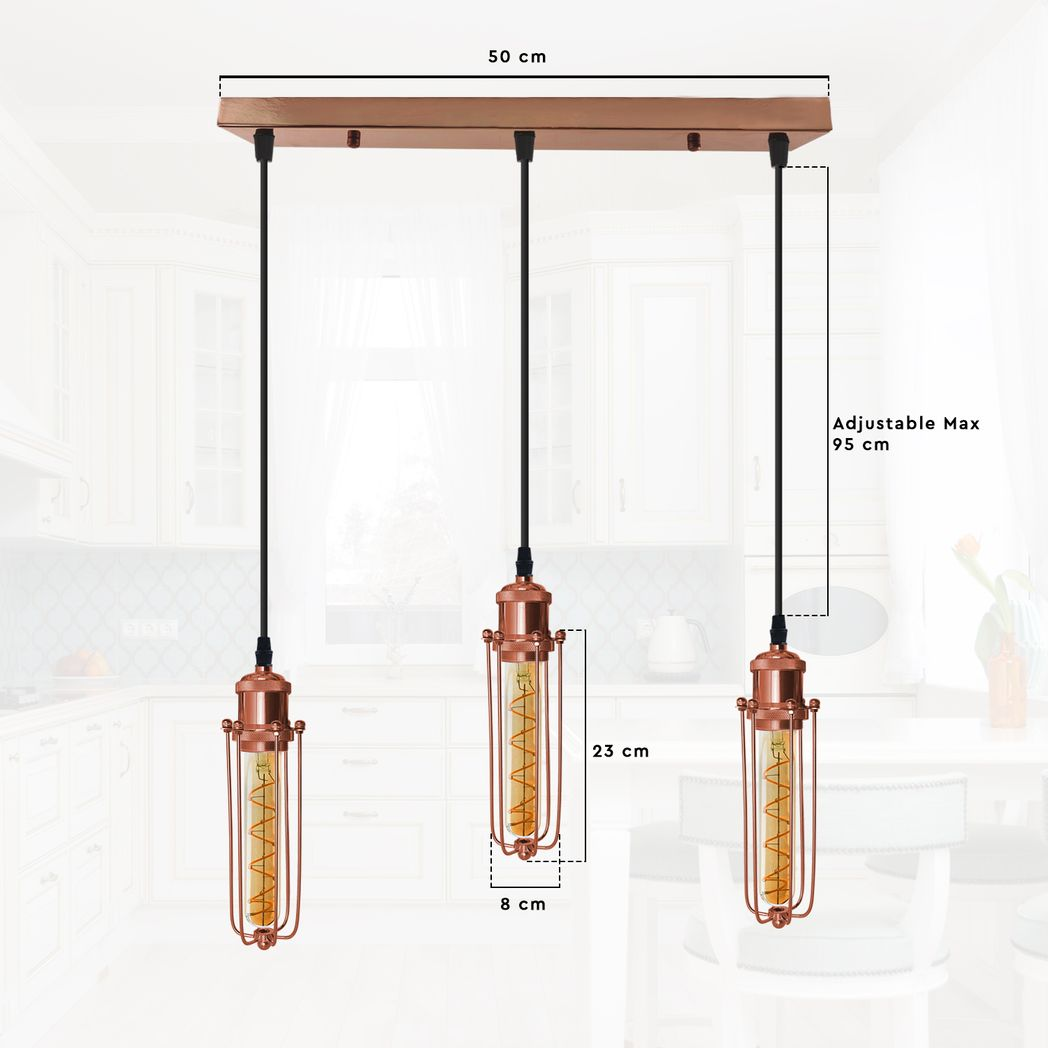 Rose gold E27 pendant light with three rectangular heads, wire cage, industrial vintage style ceiling lamp by LEDSONE