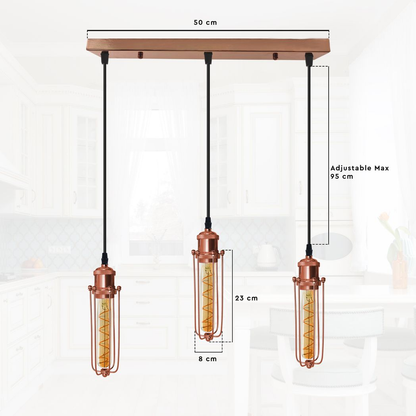 Rose gold E27 pendant light with three rectangular heads, wire cage, industrial vintage style ceiling lamp by LEDSONE