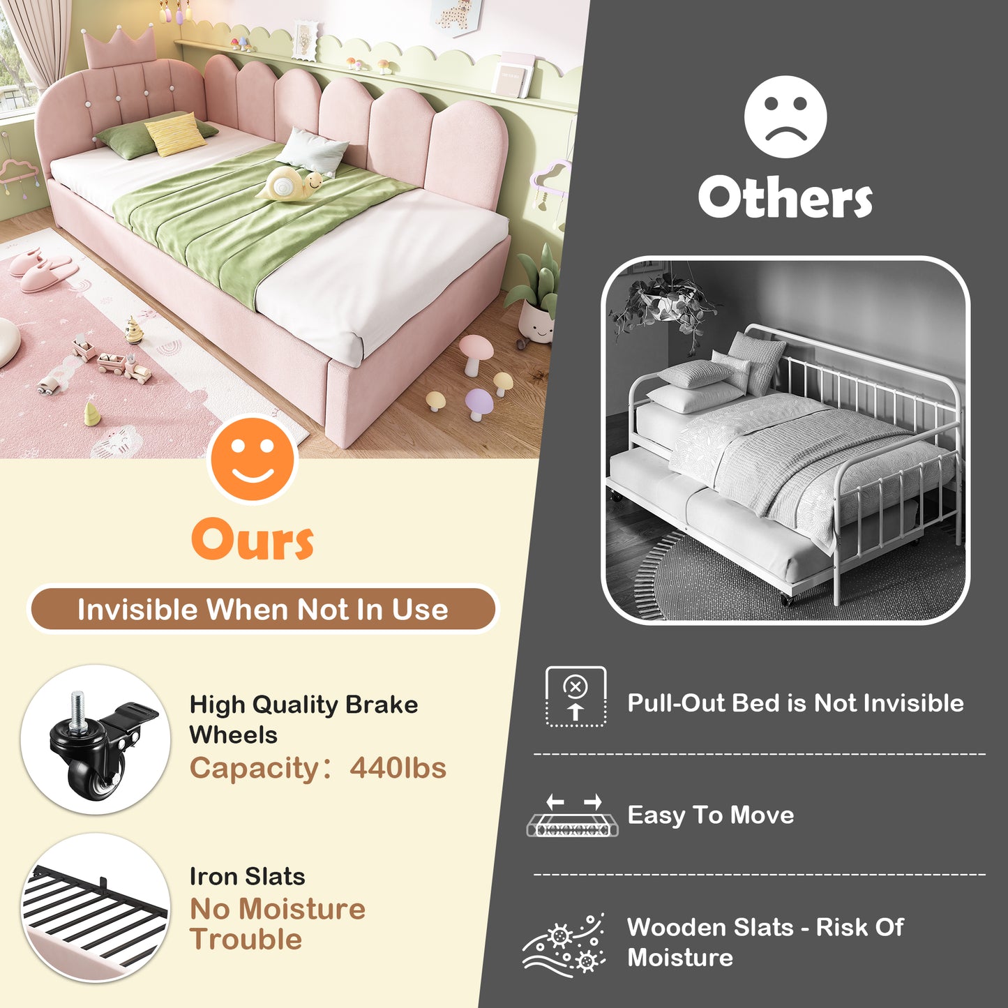 Pink velvet upholstered daybed with crown-shaped trundle, metal slatted frame, and pull-out bed for guests, no mattress included.