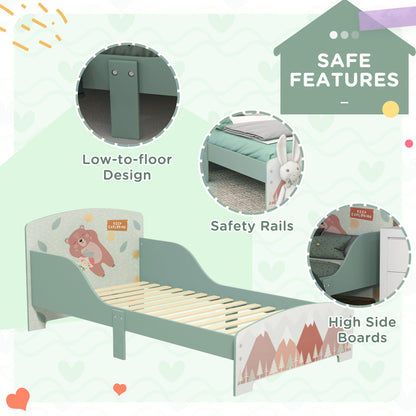 Green HOMCOM ZONEKIZ toddler bed frame with safety rails, designed for kids aged 3-6 years, in a child's bedroom setting.