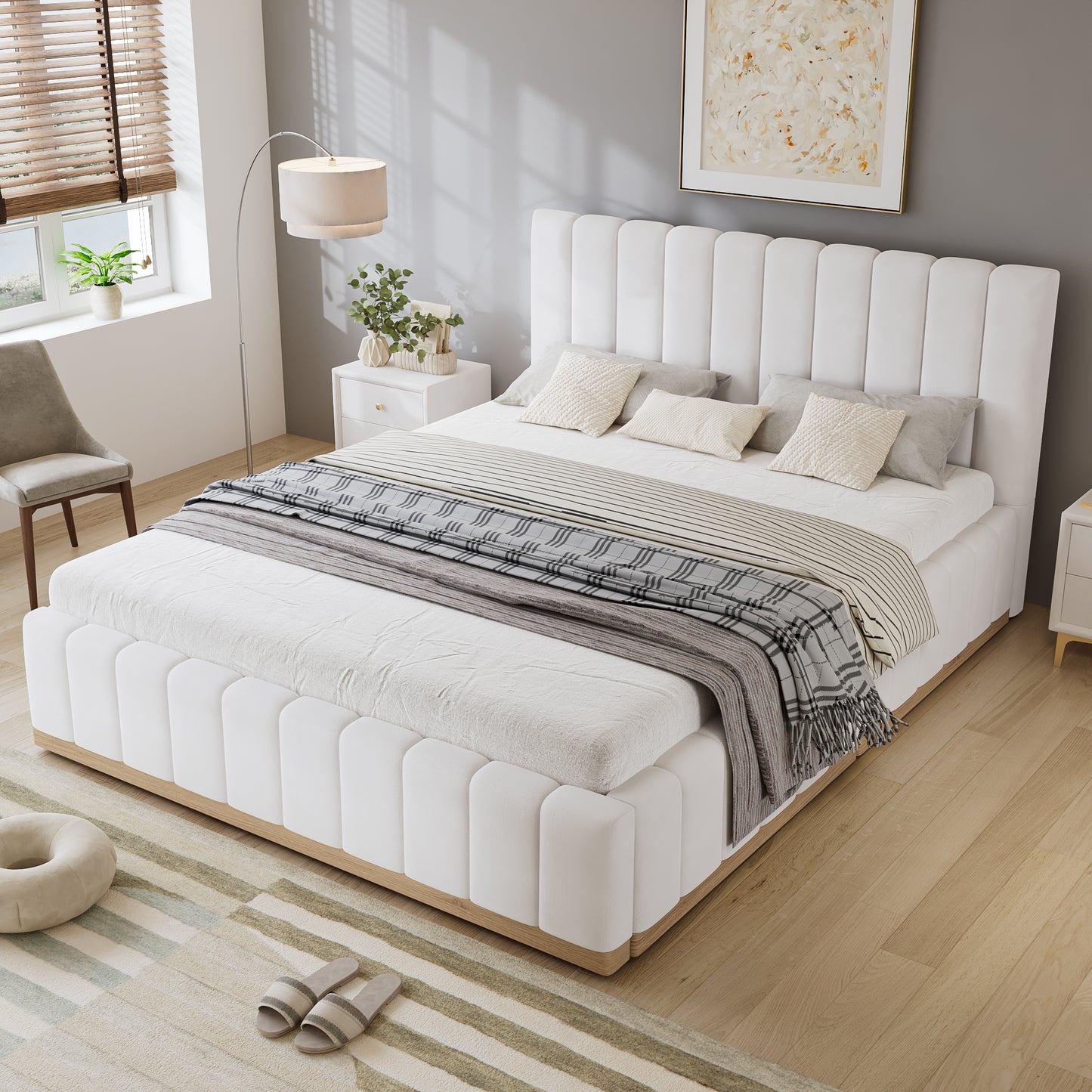HOMCOM beige upholstered double bed with soft headboard, sturdy bed slats, 135x190cm size, made of PU, MDF, and plywood.