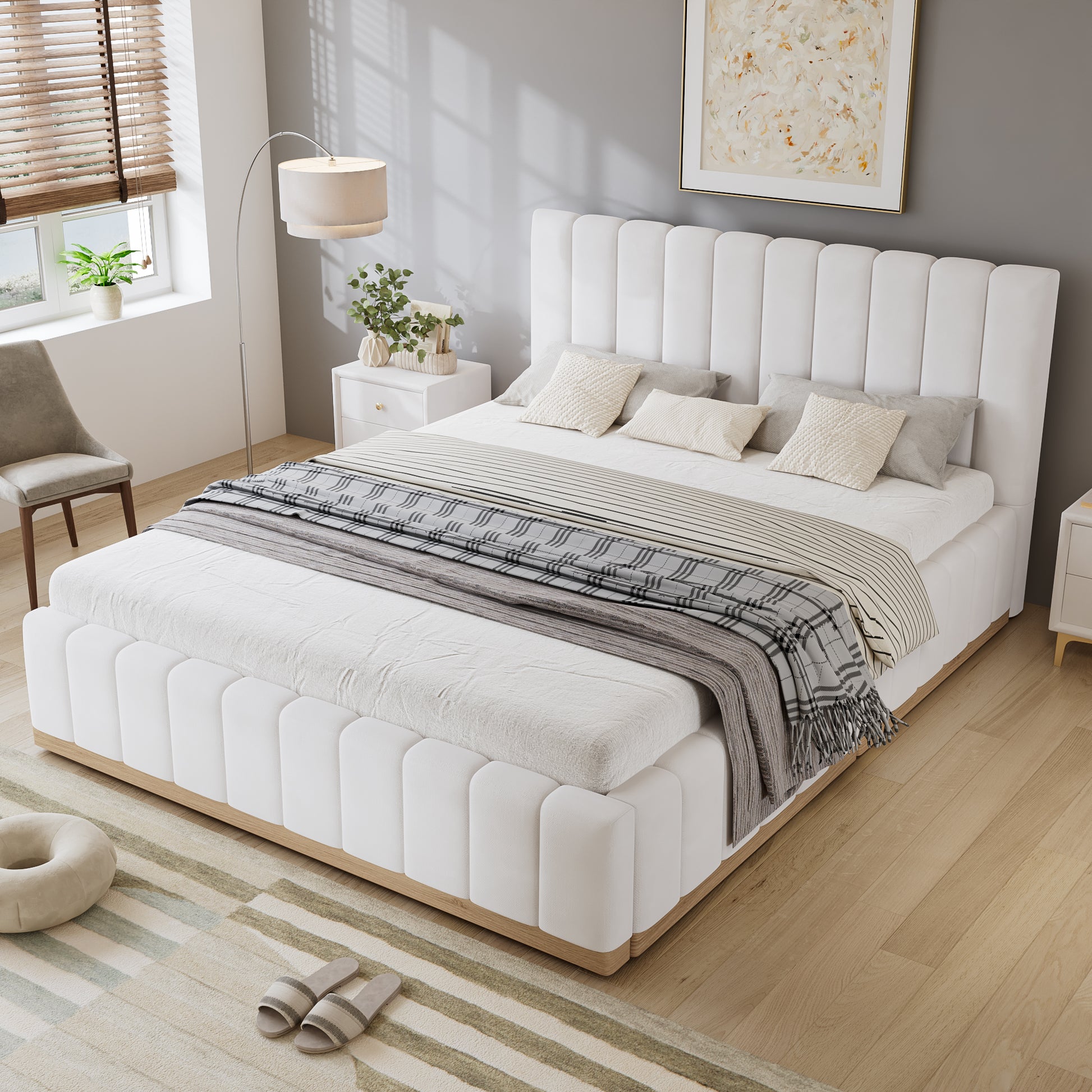 HOMCOM beige upholstered double bed with soft headboard, sturdy bed slats, 135x190cm size, made of PU, MDF, and plywood.