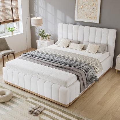 HOMCOM beige upholstered double bed with soft headboard, sturdy bed slats, 135x190cm size, made of PU, MDF, and plywood.