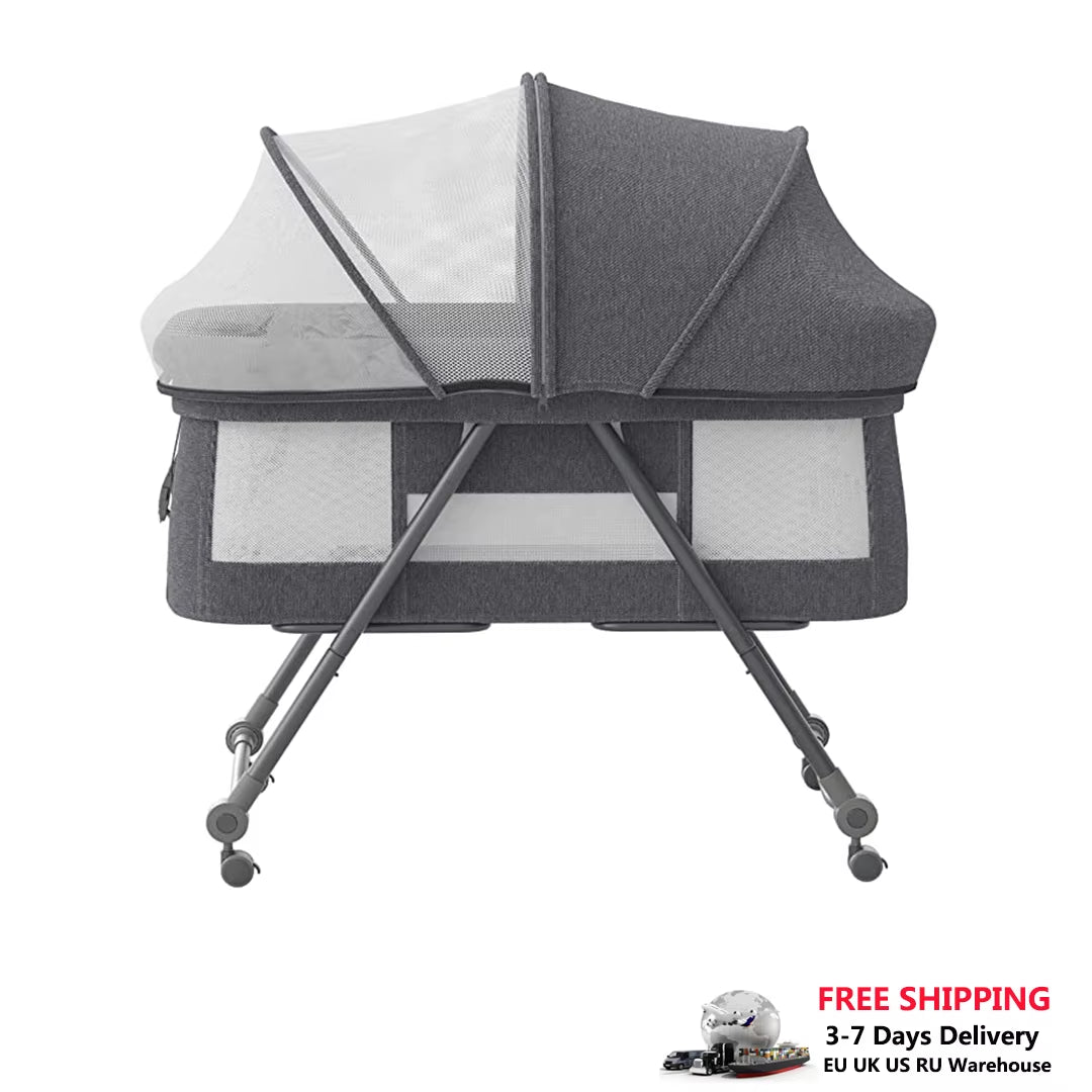 Livoshop Baby Grab-And-Go Travel Cot with mattress and silent wheels, convertible rocking crib for easy mobility and comfort.