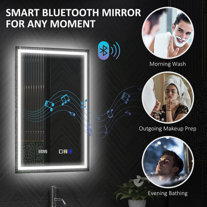 HOMCOM 50x70 cm silver anti-fog LED bathroom mirror with Bluetooth speakers and built-in clock, modern bathroom decor.