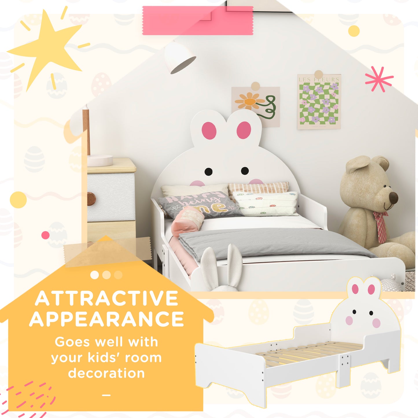 White HOMCOM ZONEKIZ rabbit-themed toddler bed with playful bunny design, ideal for kids' bedroom furniture.