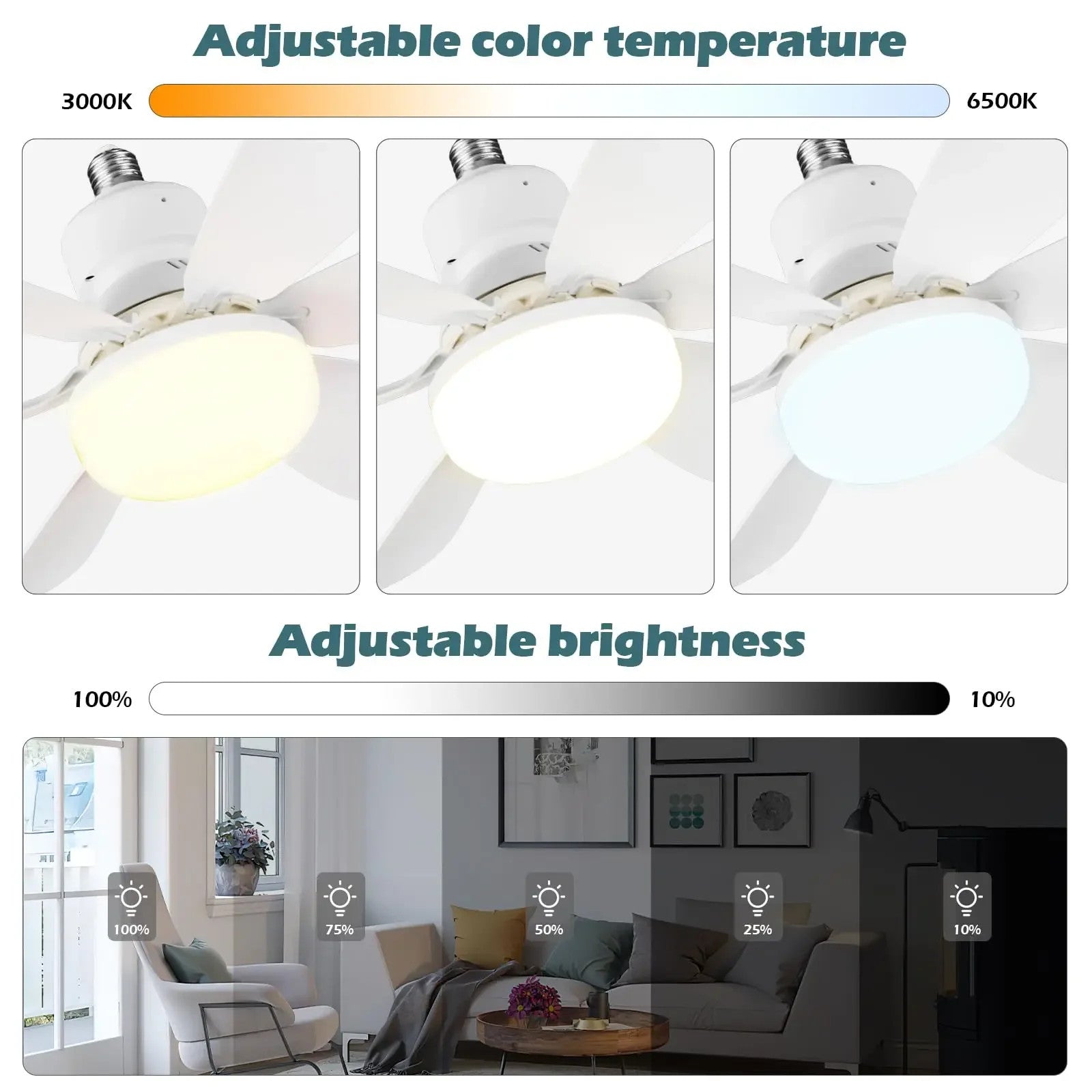 HOMCOM modern LED ceiling fan with light and dimmable E27 bulb, 30W, suitable for bedroom or living room.