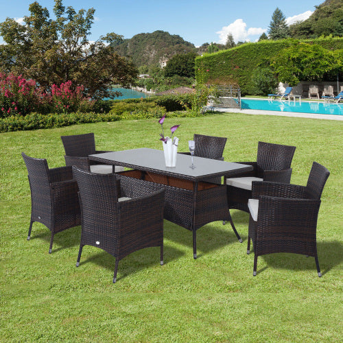 Outsunny 6-Seater Rattan Dining Set – Brown Outdoor Table & Chairs with Cushions