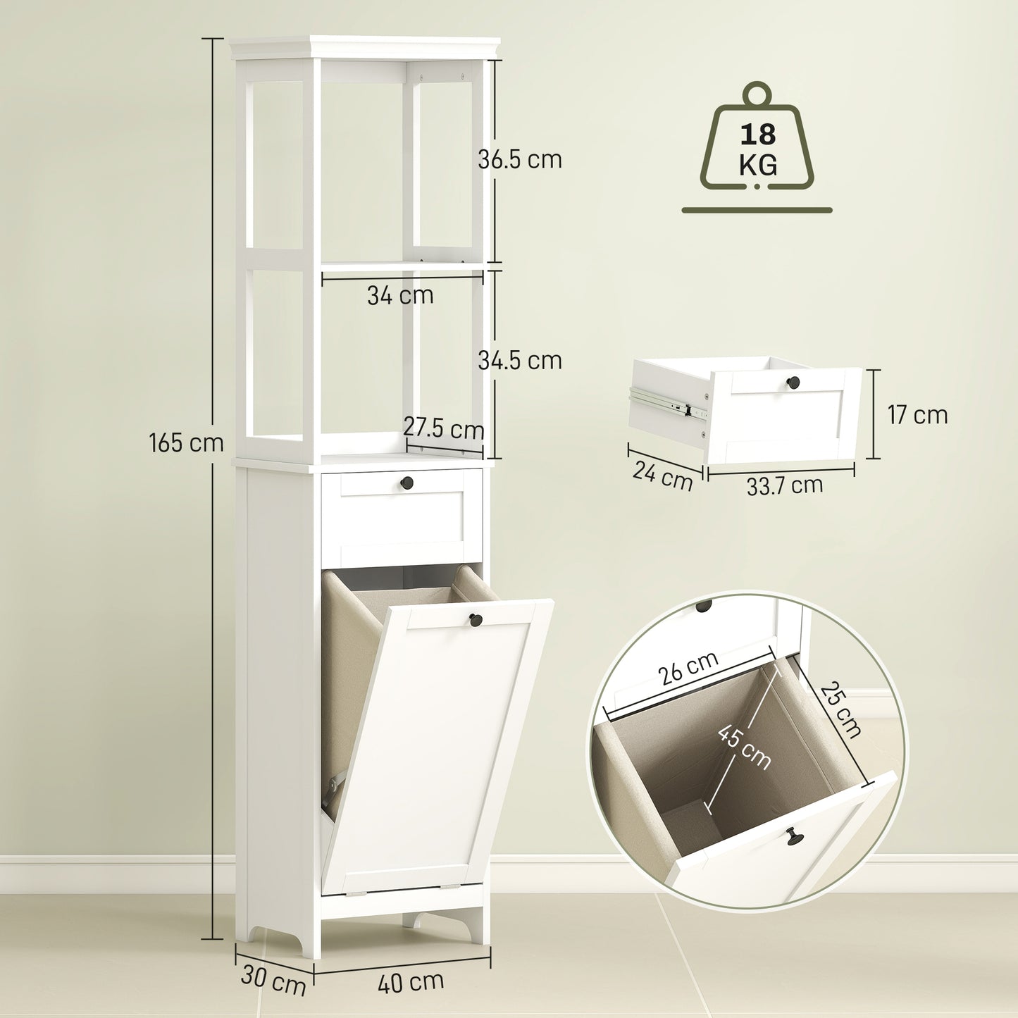 White tall bathroom cabinet with integrated laundry basket and storage shelves, ideal for organizing bathroom essentials.