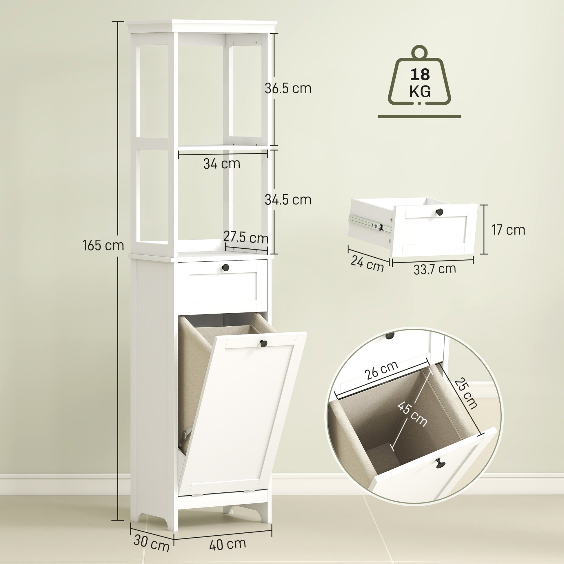 White tall bathroom cabinet with integrated laundry basket and storage shelves, ideal for organizing bathroom essentials.
