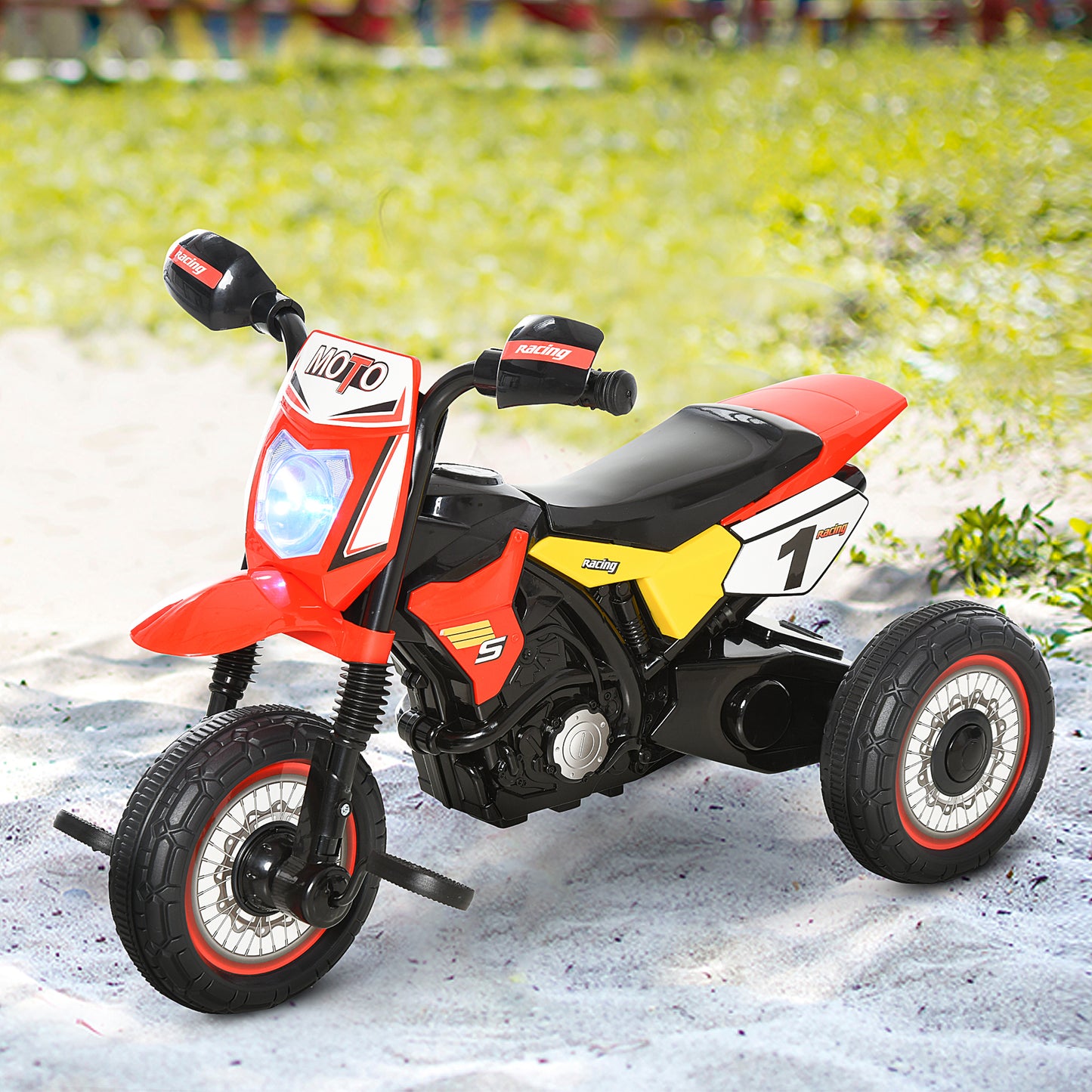 Red HOMCOM kids trike with music, lights, handlebar stickers, and pedals, designed for toddlers ages 18-36 months.