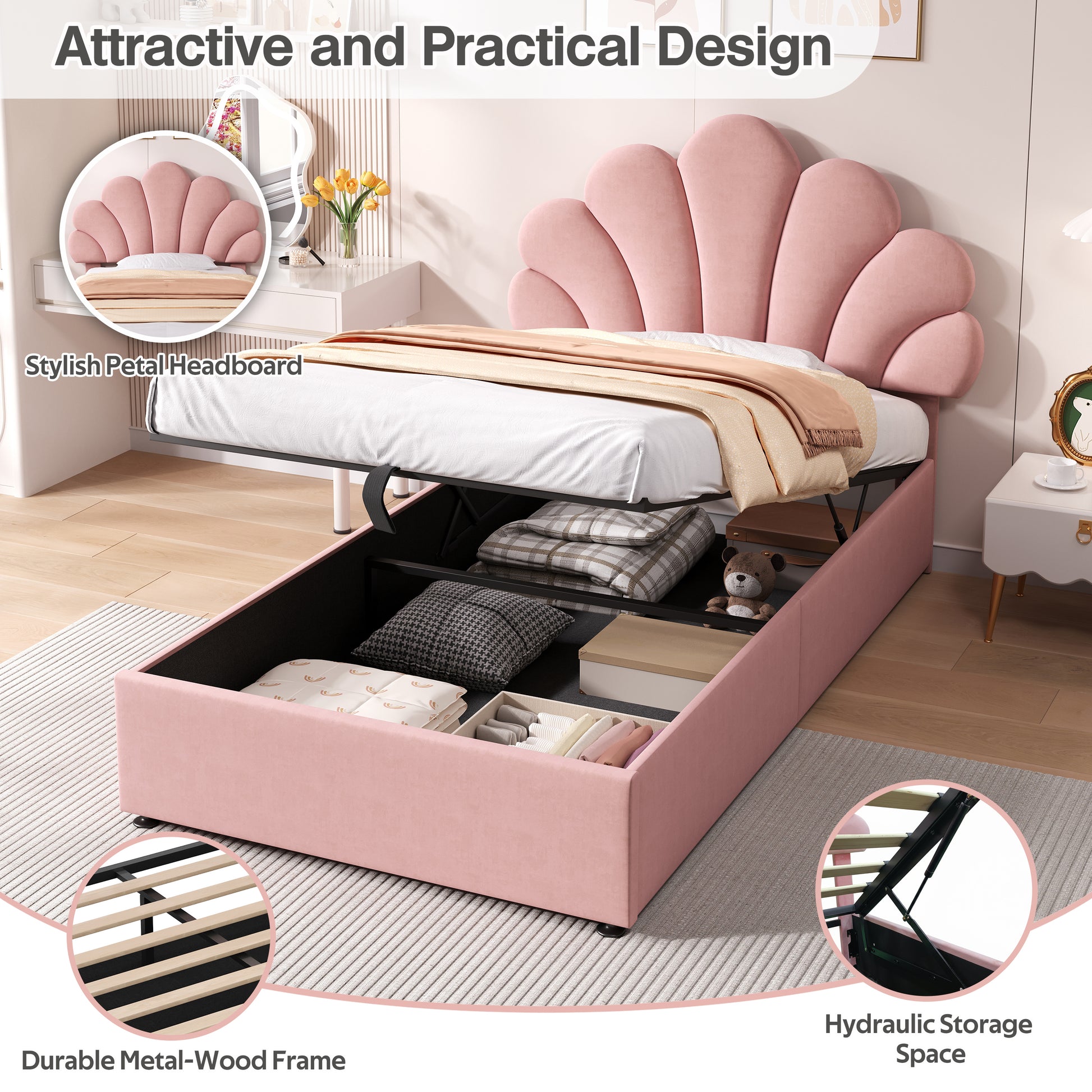 HOMCOM 3ft single upholstered hydraulic bed with adjustable petal headboard, soft velvet frame, solid wood slats, no box spring needed