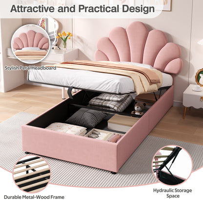 HOMCOM 3ft single upholstered hydraulic bed with adjustable petal headboard, soft velvet frame, solid wood slats, no box spring needed