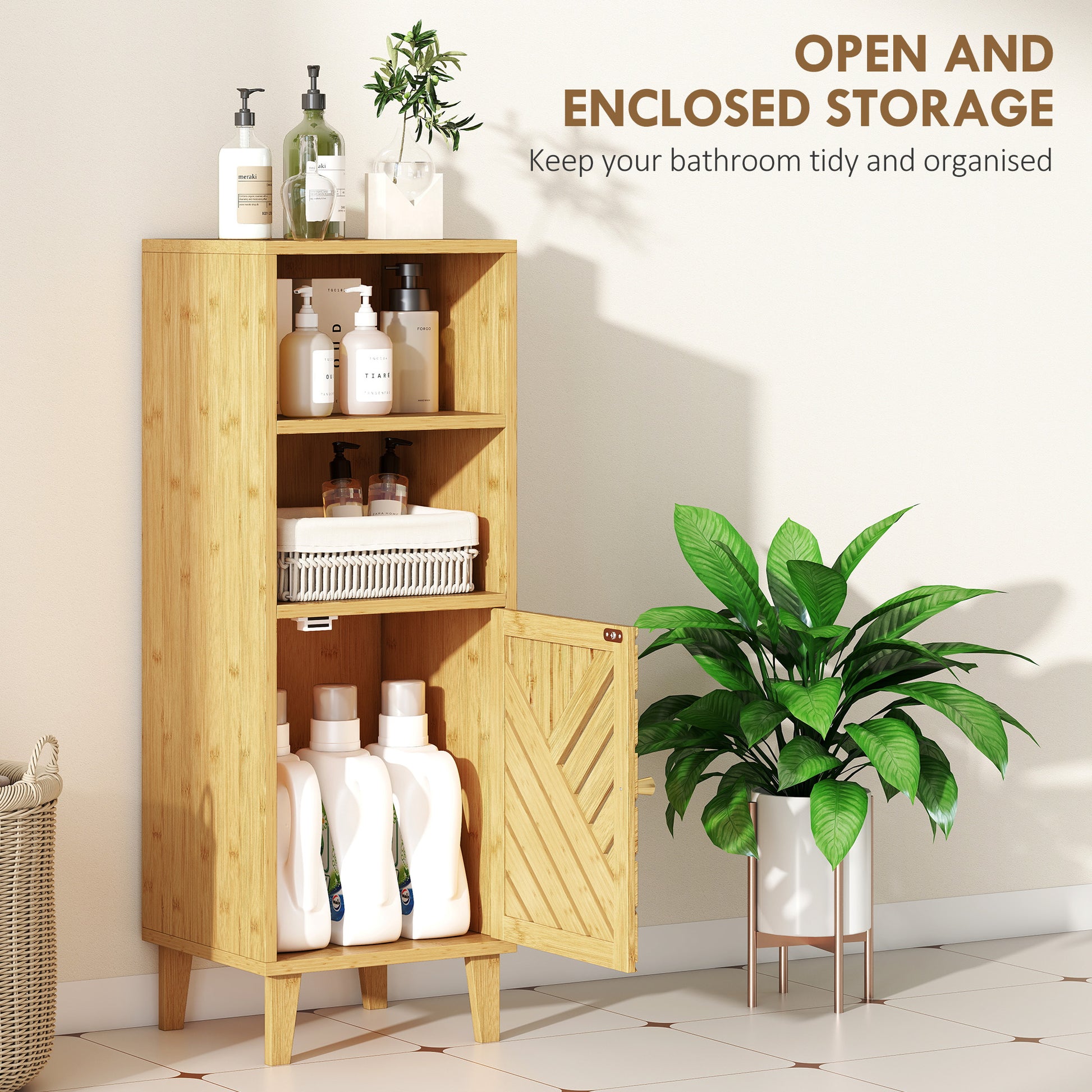 HOMCOM slim bathroom cabinet with bamboo door, open compartments, natural wood finish, narrow freestanding storage cupboard 32x30x90 cm