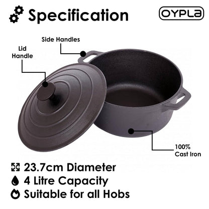 Livoshop 4L cast iron non-stick casserole dish with lid, durable cookware for oven and stovetop use, black finish, close-up view