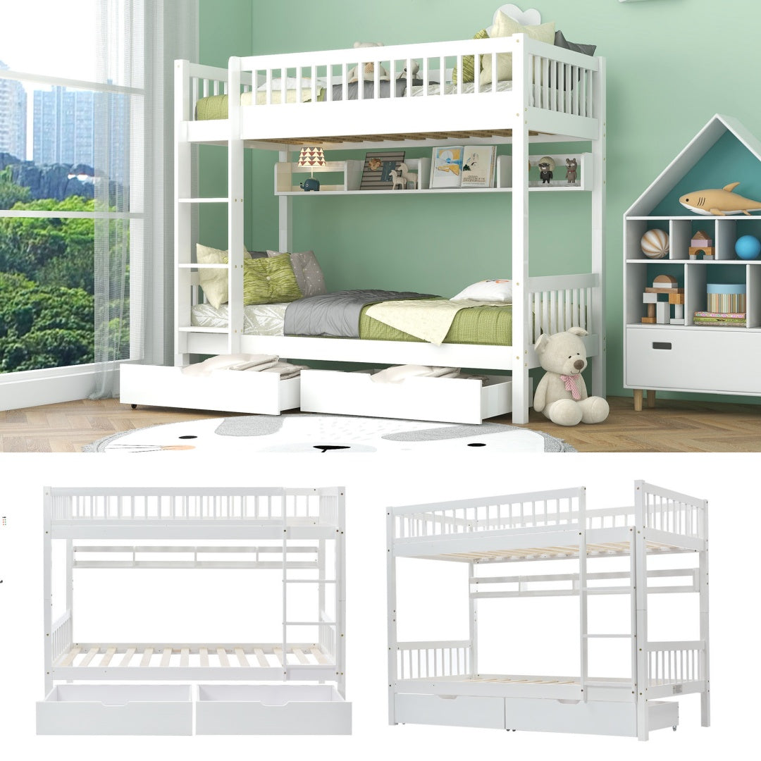 White HOMCOM bunk bed for kids with a 3ft solid pine frame, under-bed slide drawer storage, and a side shelf, 90x190cm.