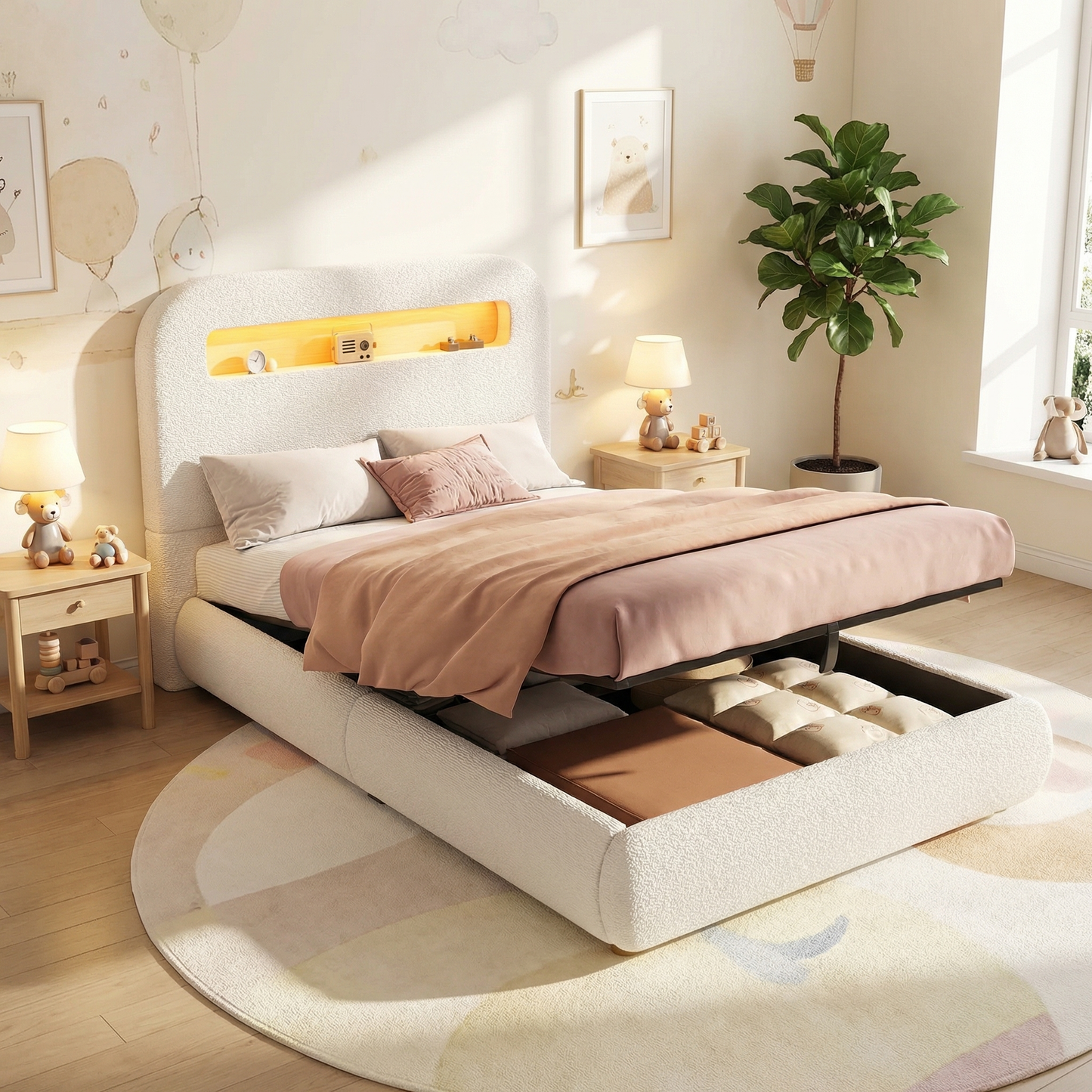 White upholstered children's single bed with headboard, LED lighting, hydraulic storage, solid wood legs, and bouclé fabric.