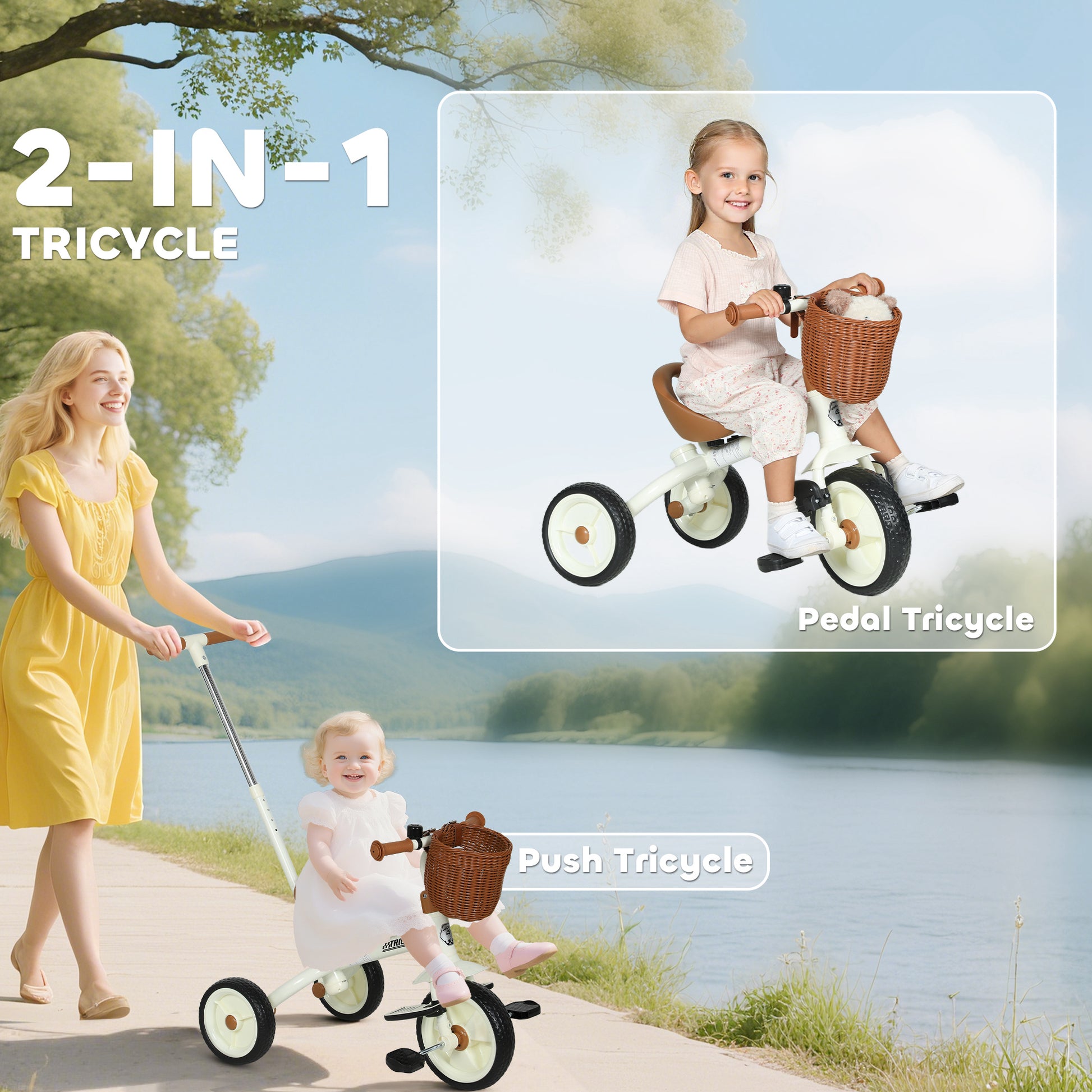 HOMCOM 2-in-1 toddler trike with three wheels, adjustable parent handle, basket, white color, suitable for boys and girls aged 2-5.