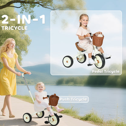 HOMCOM 2-in-1 toddler trike with three wheels, adjustable parent handle, basket, white color, suitable for boys and girls aged 2-5.