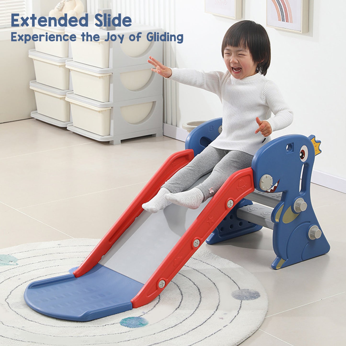 Foldable dinosaur toddler indoor slide with basketball hoop, designed for ages 0-3 by Livoshop, featuring colorful reptile design.
