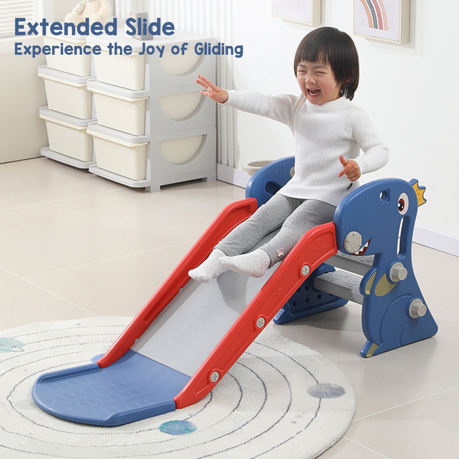 Foldable dinosaur toddler indoor slide with basketball hoop, designed for ages 0-3 by Livoshop, featuring colorful reptile design.