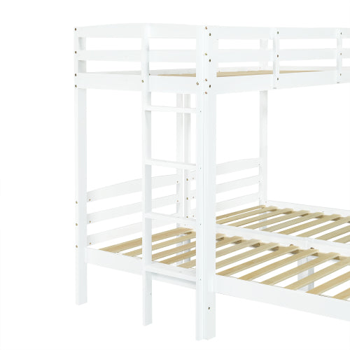 White HOMCOM triple bunk bed with side ladder for children and teens, 3ft size, includes space for mattresses, mattress not included.