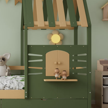 Kids Wooden Bed with Roof & Window Design – Green & Natural with Storage Drawers