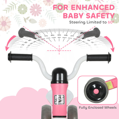 Pink toddler balance bike with no pedals, 3 silent wheels, suitable for ages 12-36 months, ideal for indoor and outdoor play by HOMCOM.