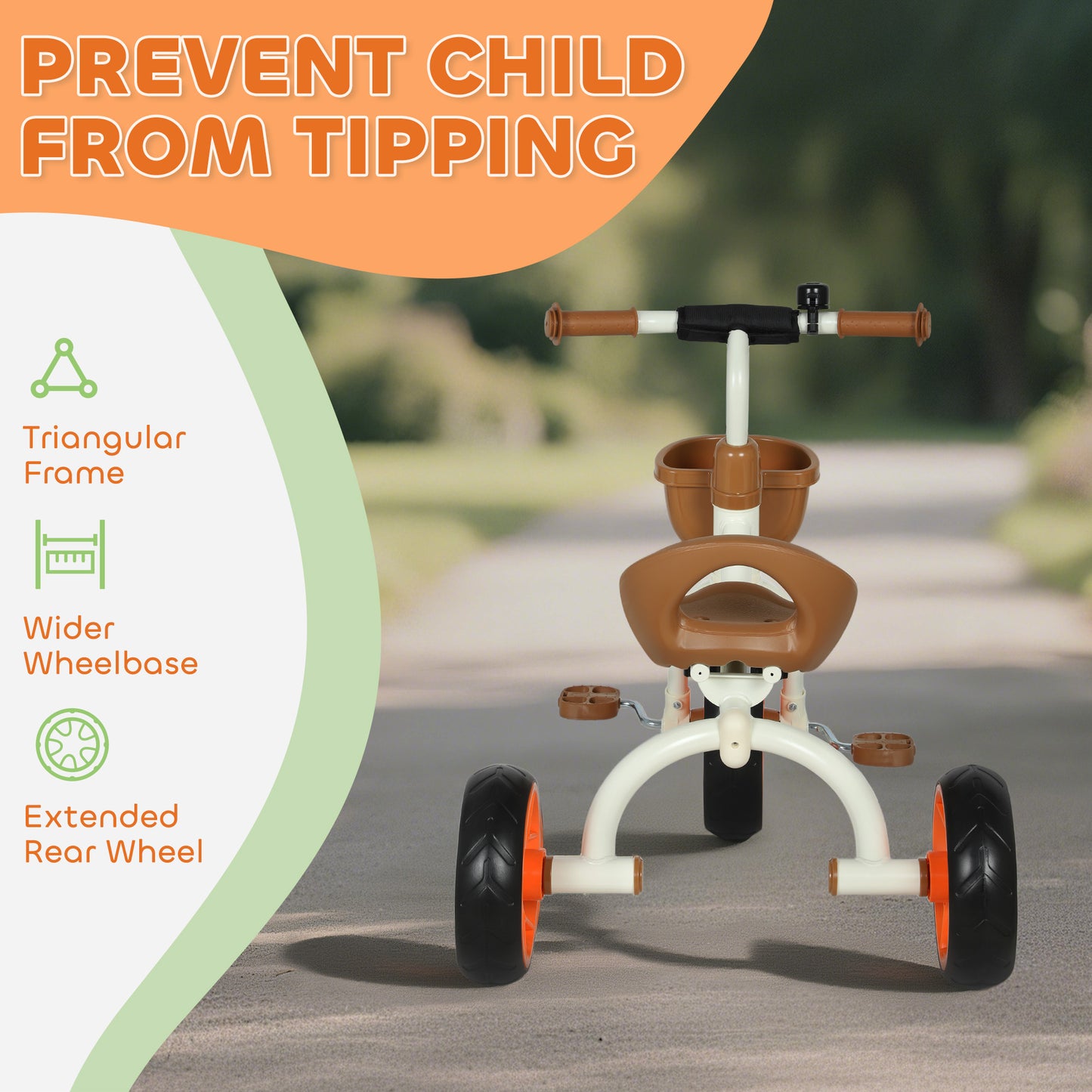 Orange HOMCOM kids trike with front basket and EVA wheels, suitable for toddlers aged 2-5 years, indoor and outdoor use.