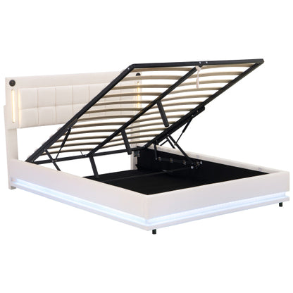 Beige 4ft6 double LED hydraulic bed by HOMCOM with tufted headboard, charging station, USB and Type-C ports, soft velvet finish.
