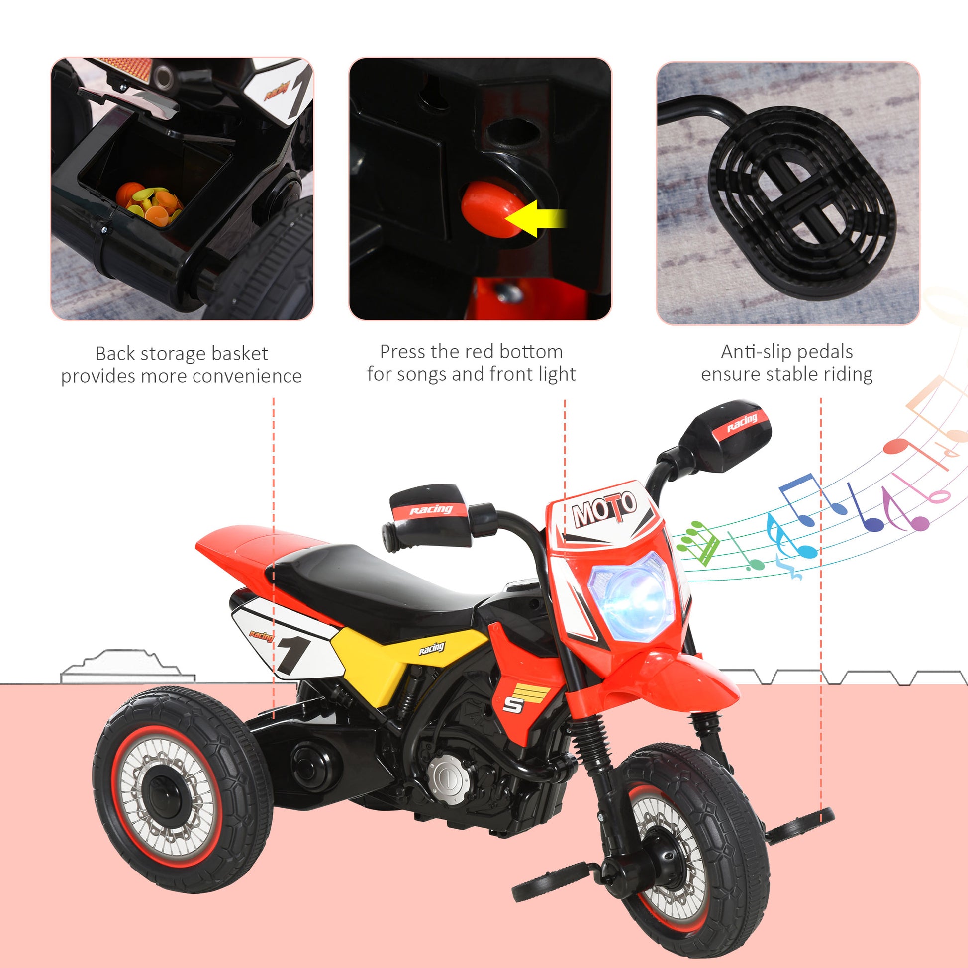 HOMCOM kids trike with red toddler pedal motorcycle, music lights, handlebar stickers, suitable for ages 18-36 months, boys and girls.