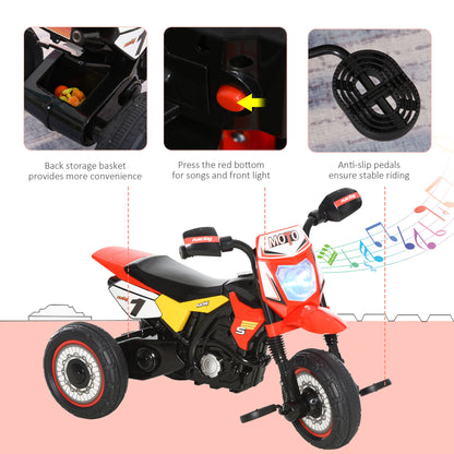 HOMCOM kids trike with red toddler pedal motorcycle, music lights, handlebar stickers, suitable for ages 18-36 months, boys and girls.