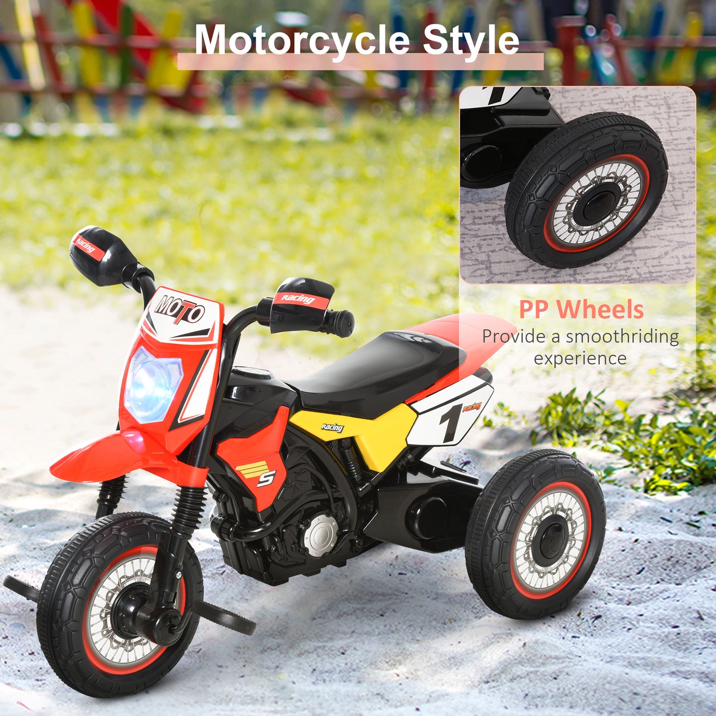 Red HOMCOM kids trike with music lights, handlebar stickers, and pedals, designed for toddlers aged 18-36 months.