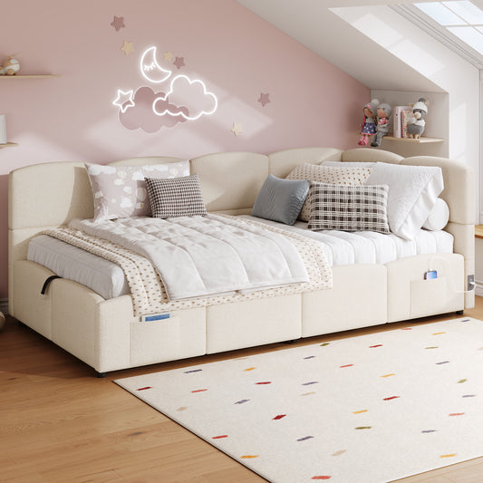 Beige HOMCOM upholstered sofa bed with slatted frame, hydraulic storage, USB port, and boucle fabric, 90x190 cm, without mattress.