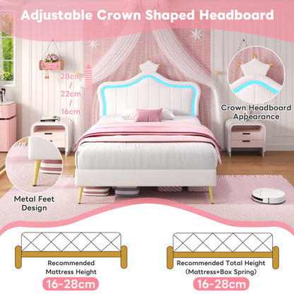 Cream white 3ft upholstered bed with LED crown-shaped headboard, PU leather frame, solid wood slats, no box spring, easy to assemble.