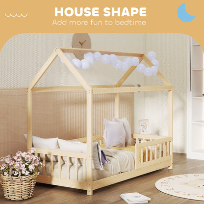 House-shaped kids bed frame with guard rails, made of solid pine wood, natural finish, suitable for boys and girls, single size.