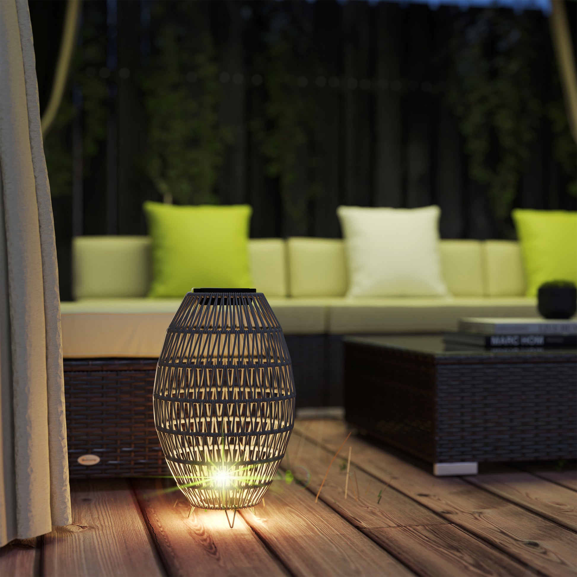 HOMCOM rattan solar garden lantern with waterproof design, auto on/off, ideal for porch, pathway, outdoor lighting in grey