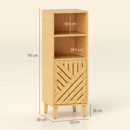 Slim HOMCOM bathroom cabinet with bamboo door and open compartments, natural wood finish, freestanding narrow storage cupboard.