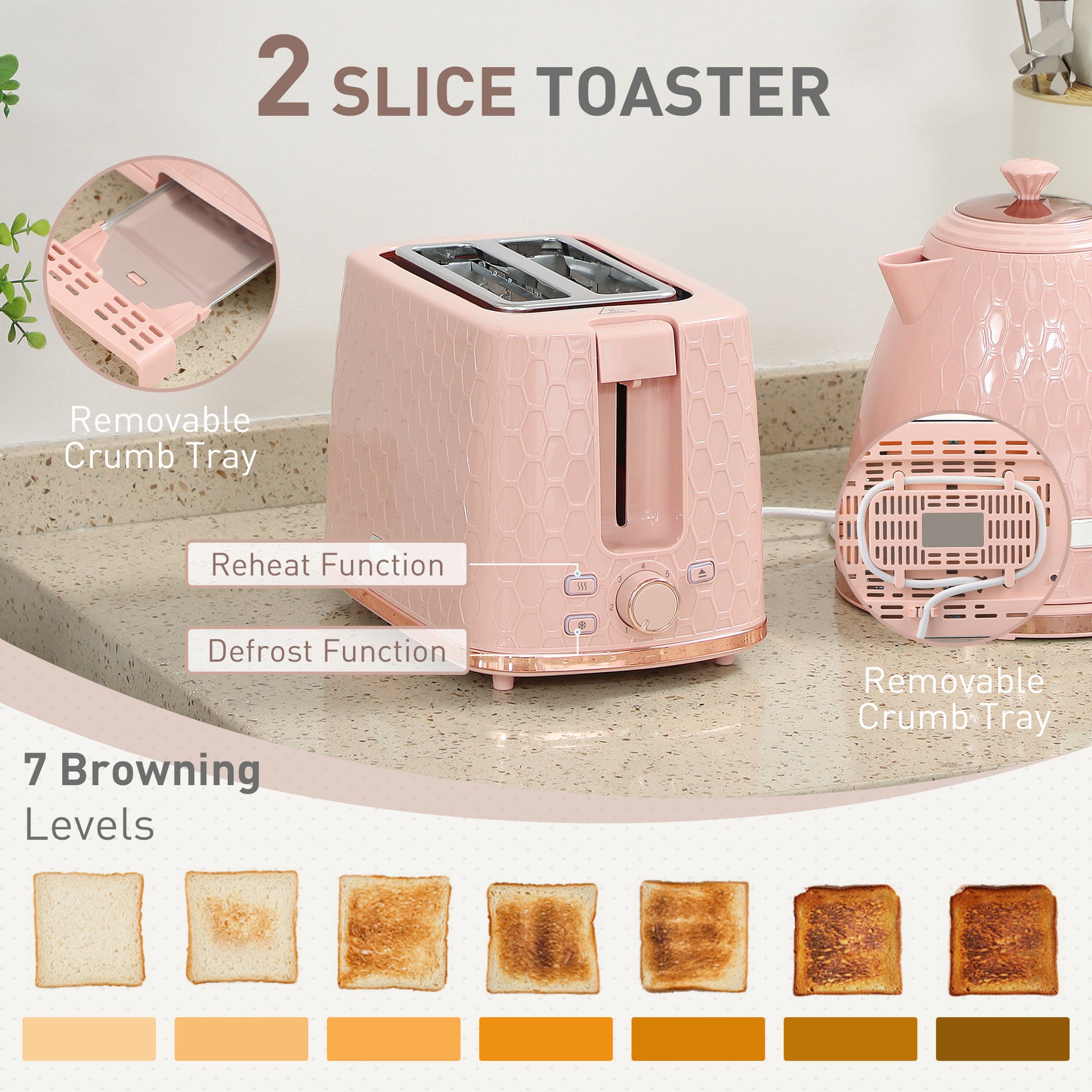 Light pink HOMCOM 1.7L 3000W fast boil kettle and 2-slice toaster set with auto shut off and browning controls.