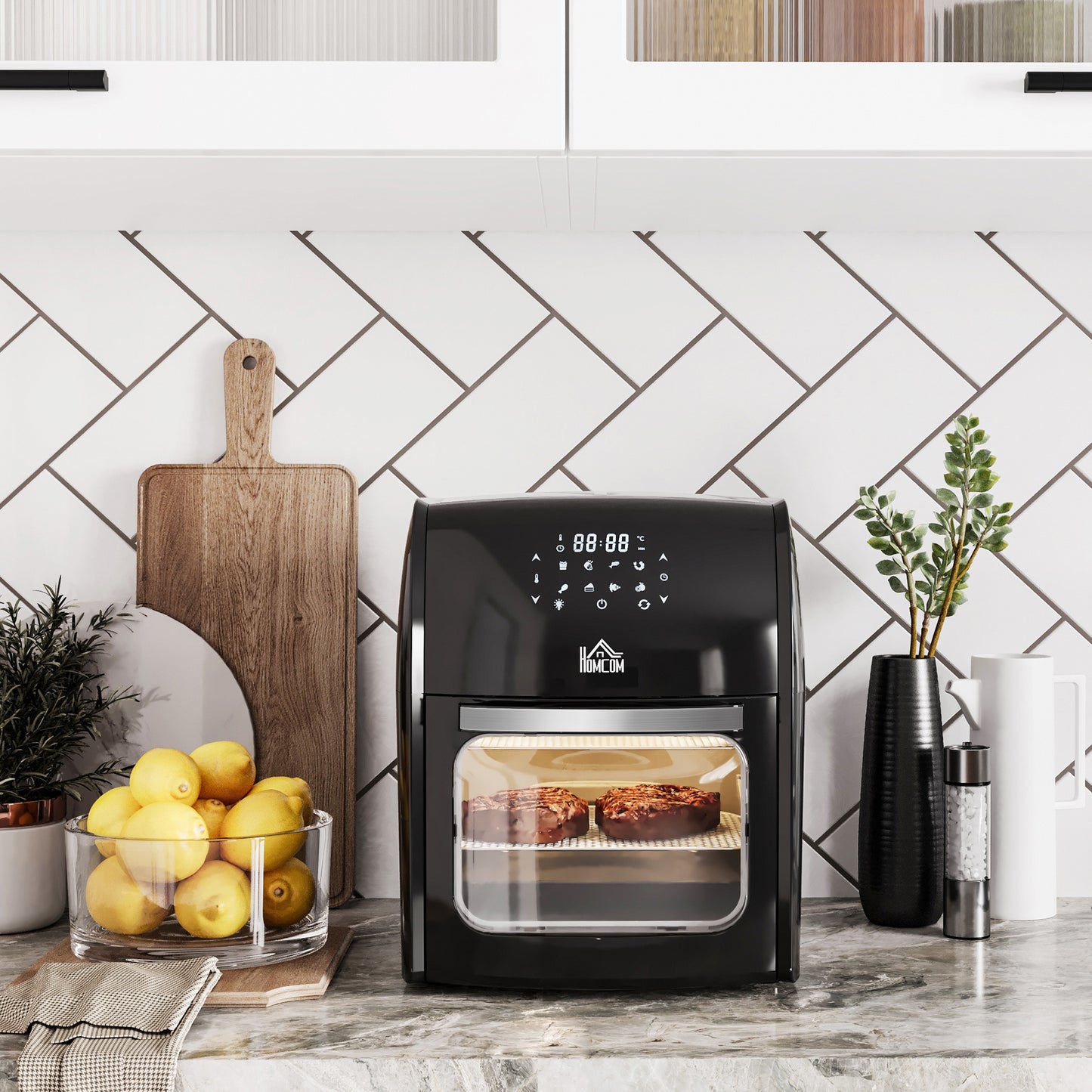 HOMCOM 12L 8-in-1 digital air fryer oven in black with control panel, inner light, and accessories, featuring multiple cooking modes.